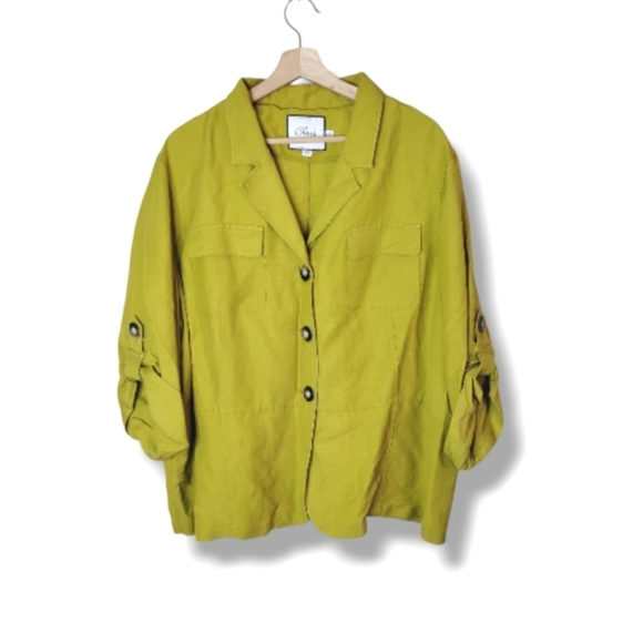 Chaus Linen-Blend Shacket — Chartreuse, Roll-Tab Sleeves, Pockets — 22W - Picture 1 of 8